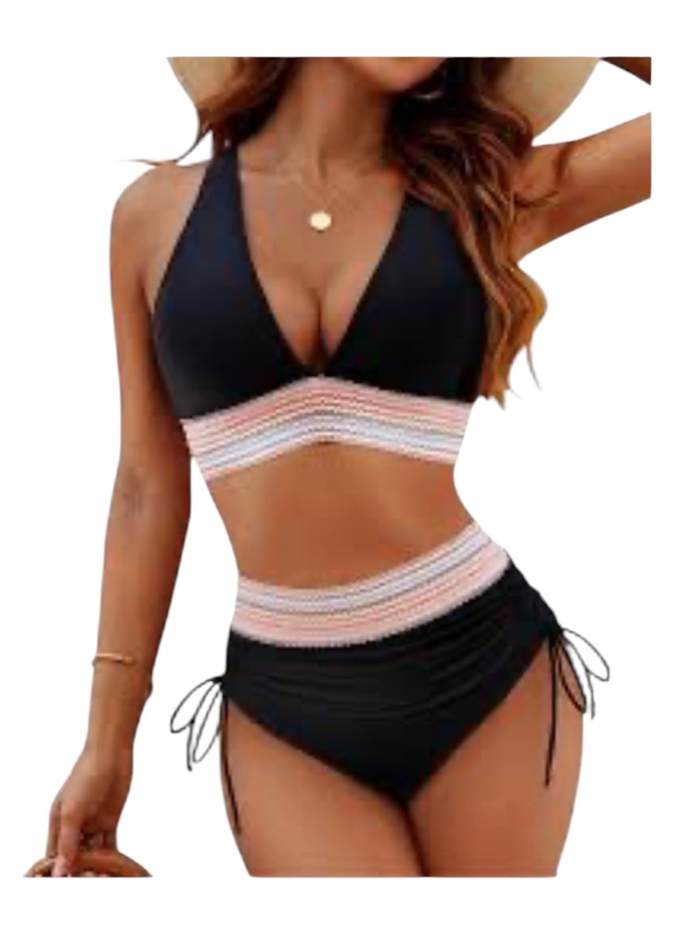 Blooming Jelly High Waisted Bikini Set Black Color Block Pastel Trim M NWT